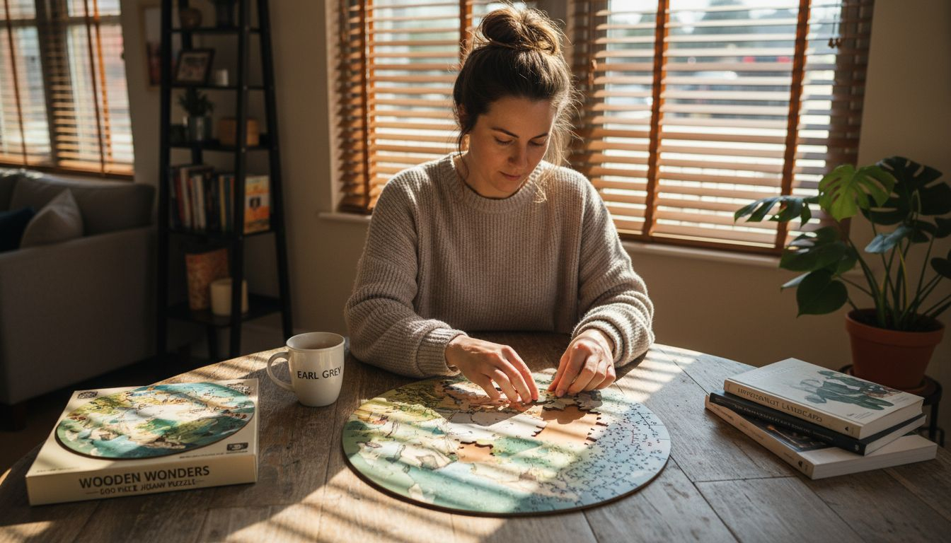 Woman assembling wooden jigsaw puzzle in apartment