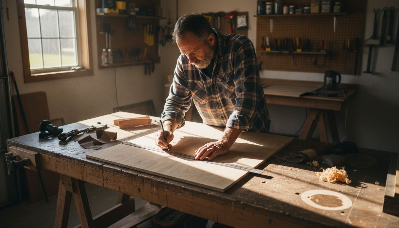 Artisan measuring plywood on cluttered workbench