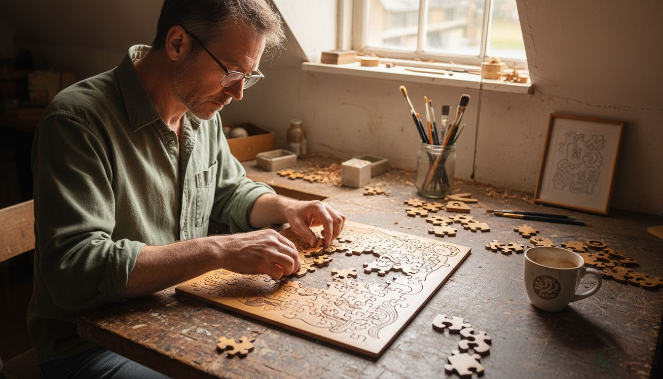 Artisan arranging wooden puzzle in attic studio