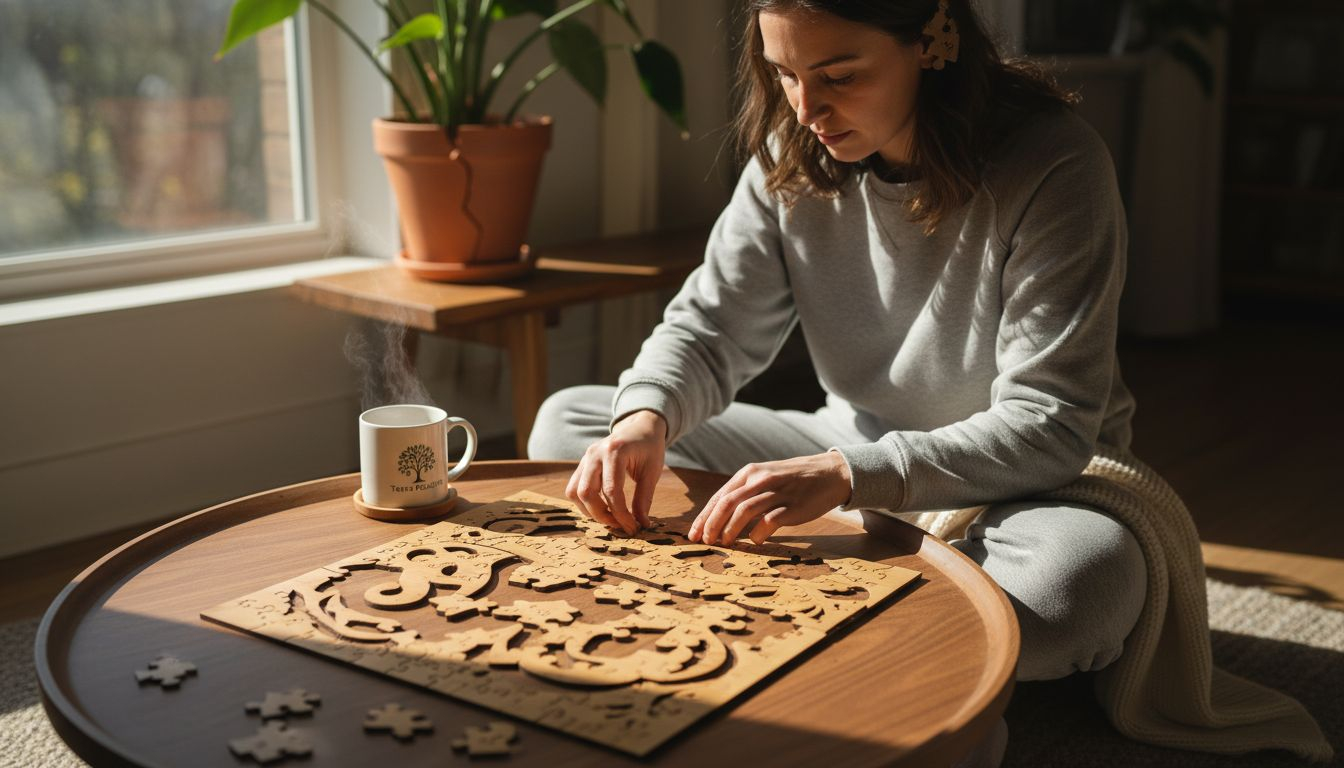Woman solving wooden puzzle mindfully at home