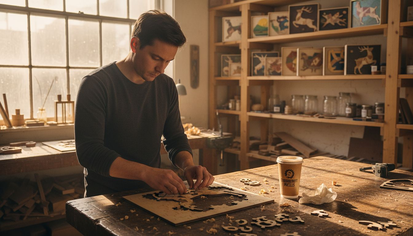Artisan assembling wooden puzzle in sunlit studio