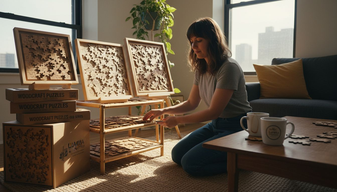 Eco-friendly puzzle storage in bright apartment