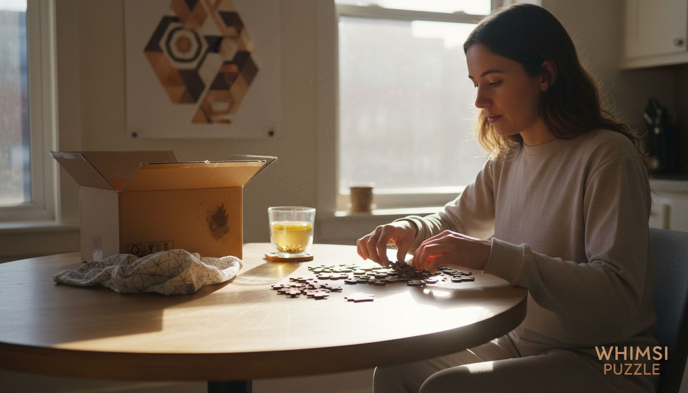Woman sorting wooden puzzles eco-friendly