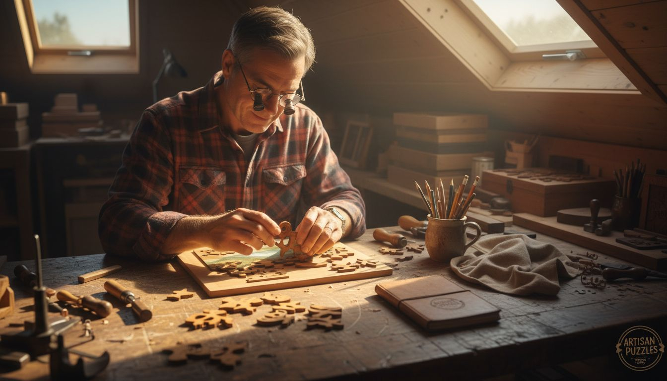 Craftsman inspecting wooden puzzle pieces