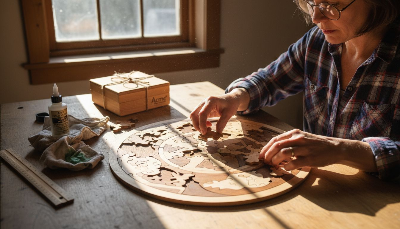 Artisan preparing to frame wooden puzzle