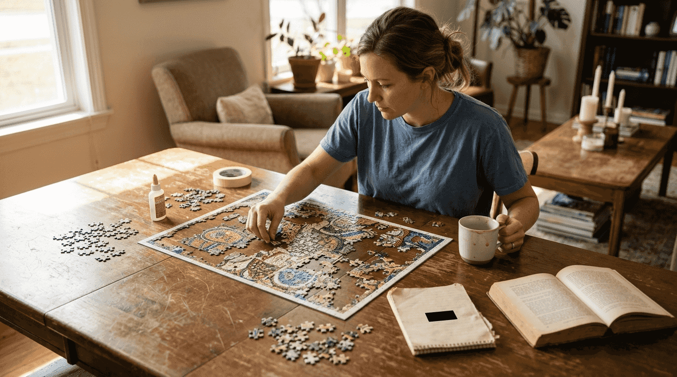 Woman assembling puzzle in bright family room