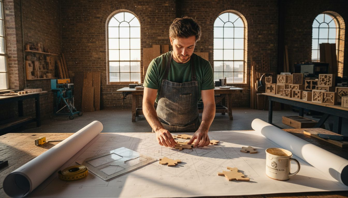 Designer assembling custom wooden puzzle pieces