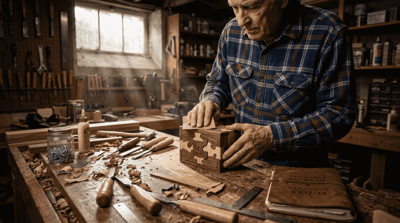Craftsman working on intricate wooden puzzle