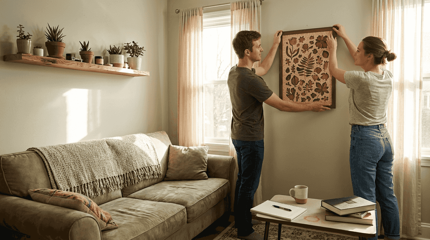 Couple framing eco-friendly puzzle as wall art