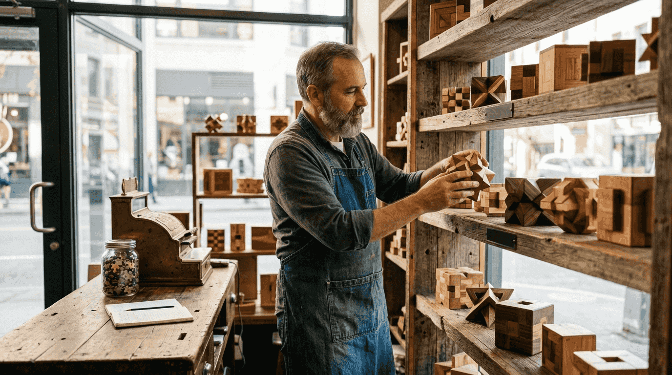 Een winkelier die handgemaakte houten puzzels in de winkel uitstalt