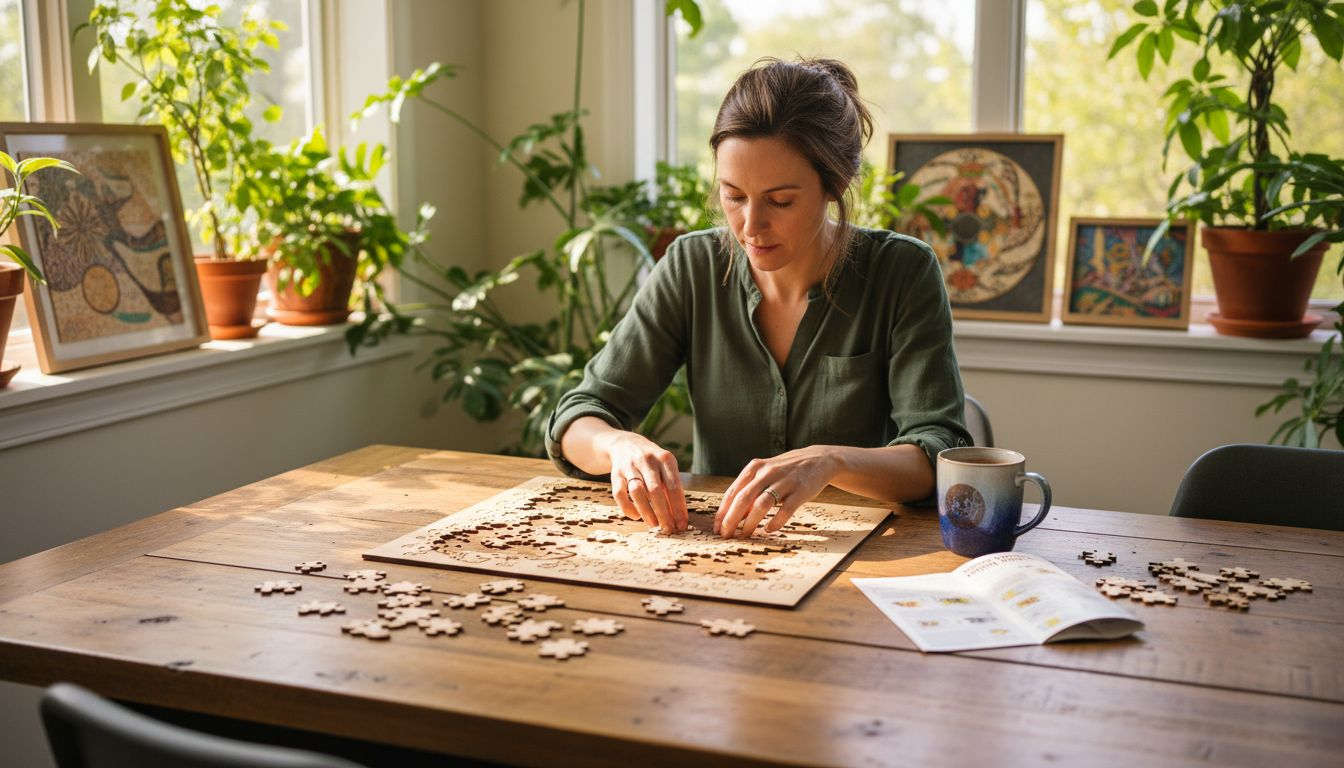 Vrouw die een houten Puzzel in elkaar zet