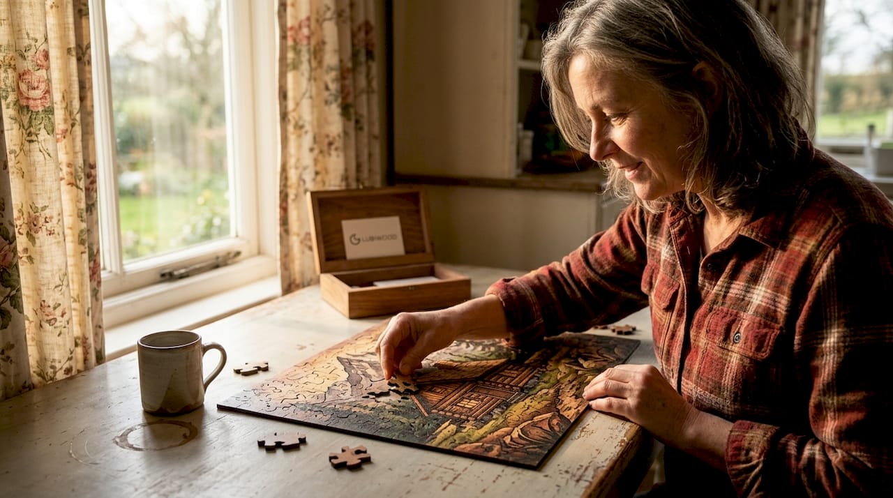 Vrouw die een handgemaakte houten puzzeltafel afwerkt