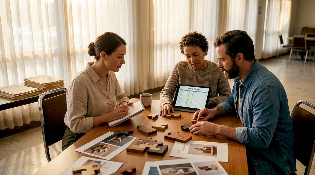 Juryleden die aan tafel puzzelontwerpen beoordelen