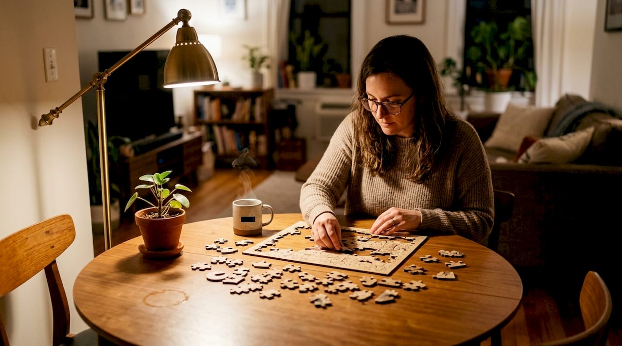 Woman assembling wooden jigsaw puzzle at home