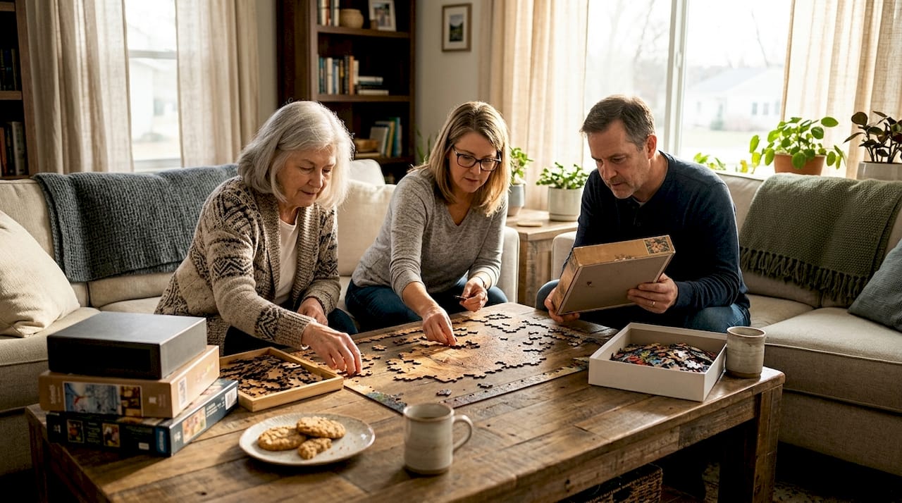Multigenerational family assembling puzzle at home