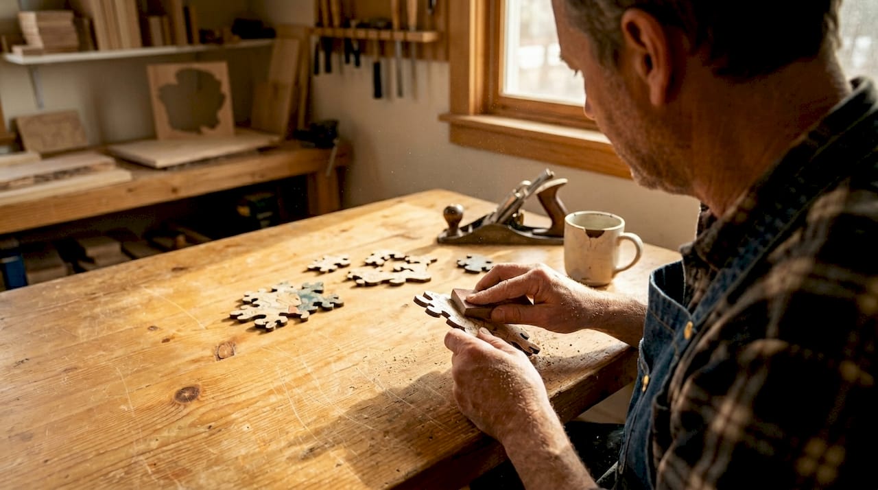 Artisan sanding handcrafted wooden puzzle piece