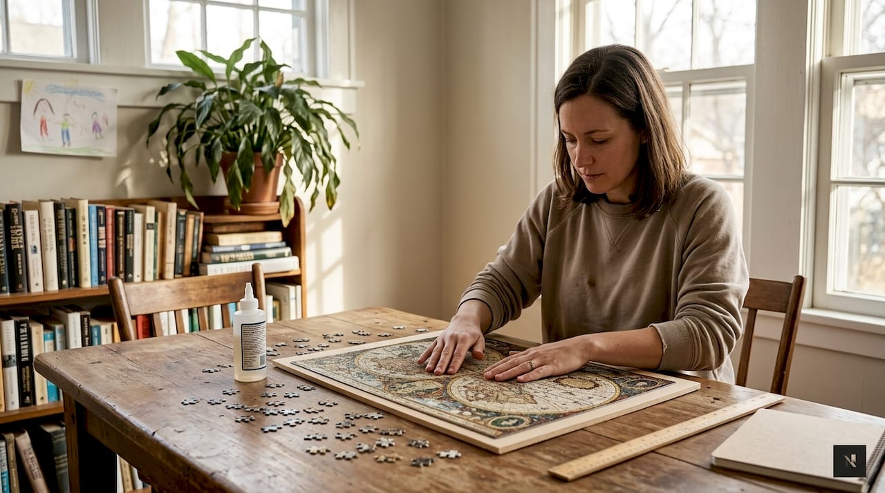 Woman mounting jigsaw puzzle in living room