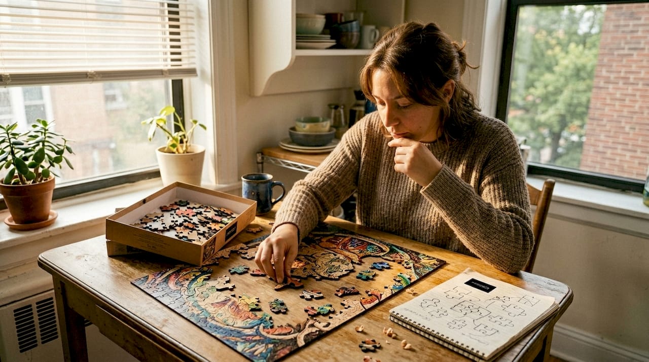 Puzzle solver working on wooden jigsaw