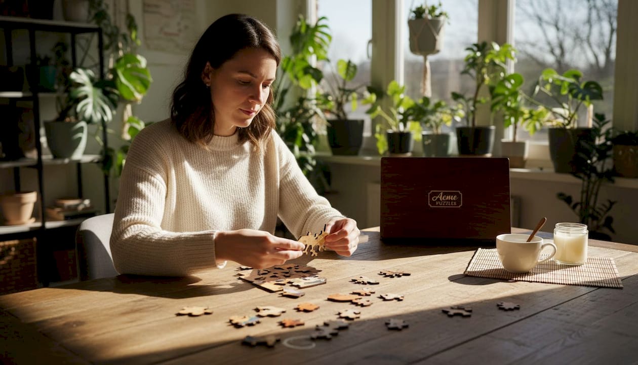 Woman solving wooden puzzle at dining table