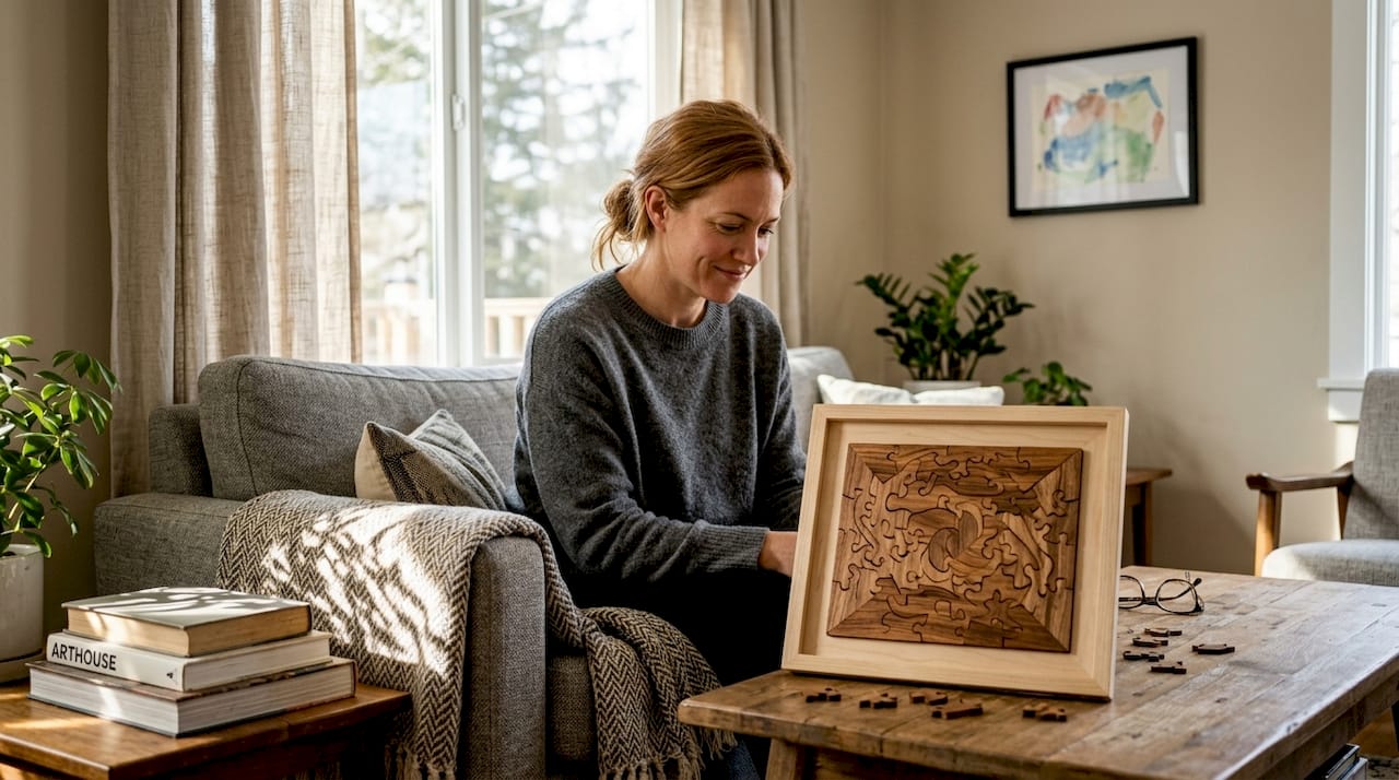 Wooden puzzle framed in living room scene