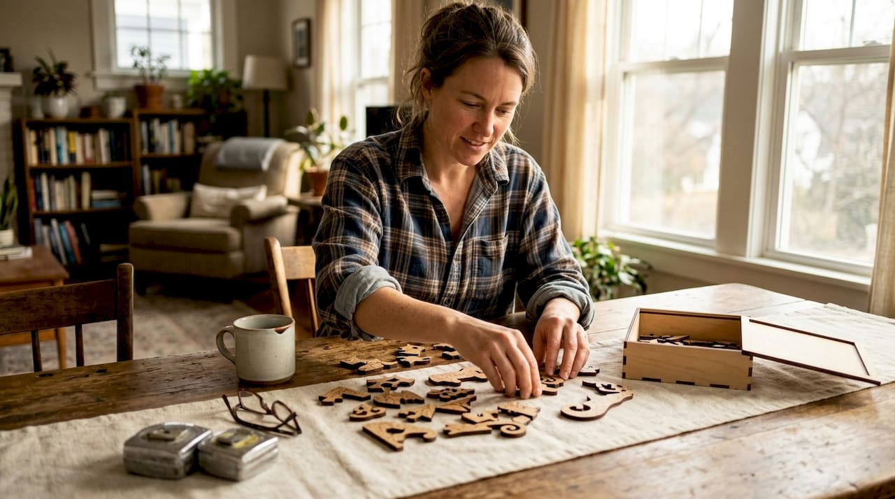 Woman sorting wooden puzzle pieces at table