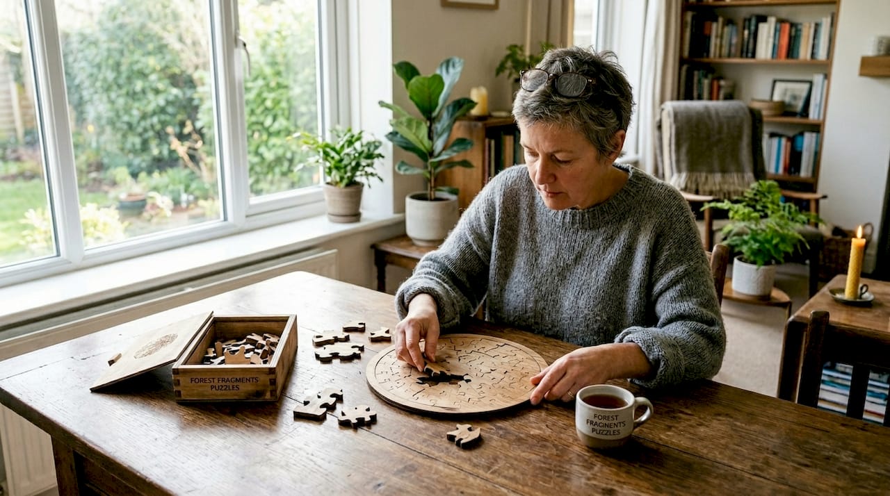 Woman assembling artisanal wooden puzzle at home table