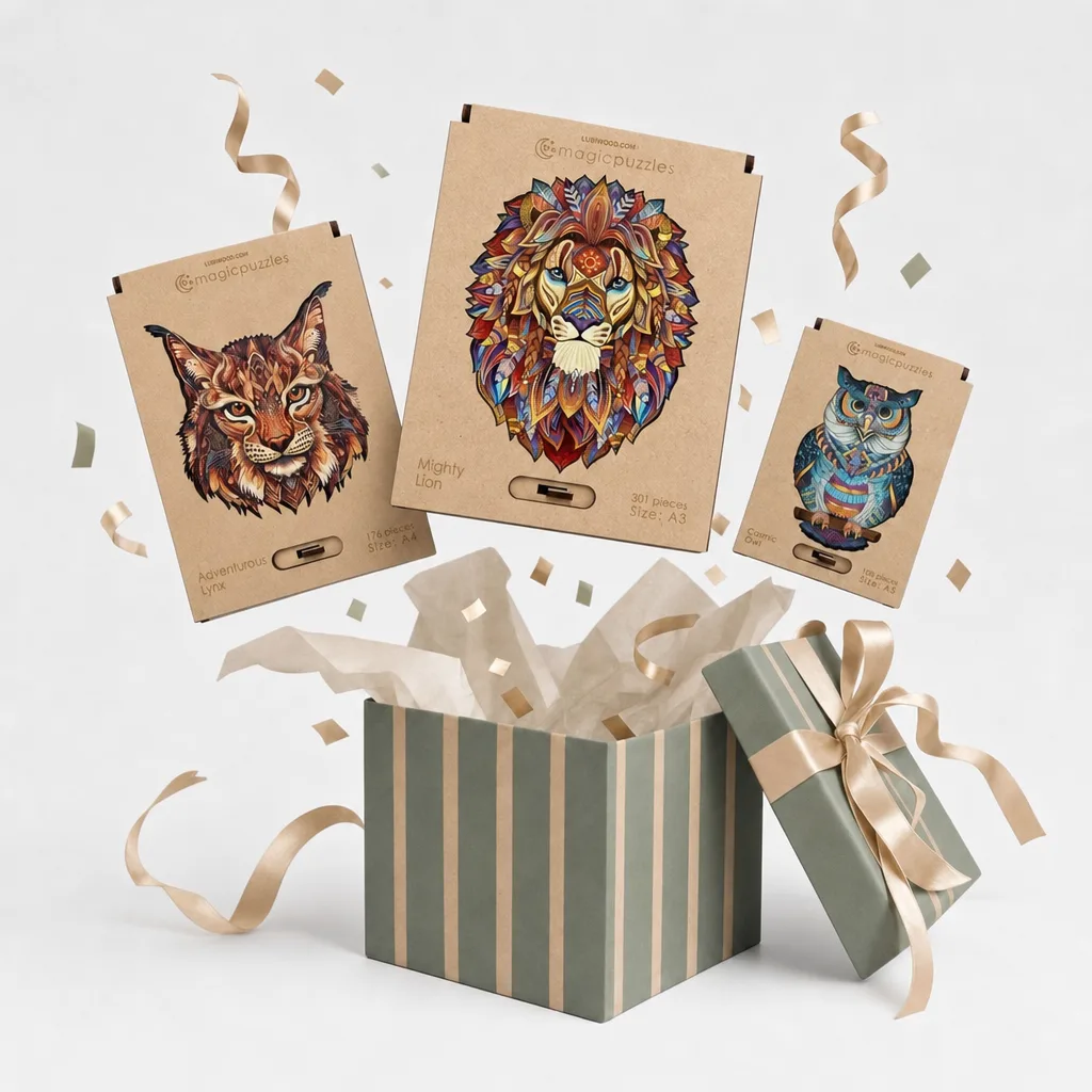Gift box with wooden animal puzzle boxes bursting out with confetti